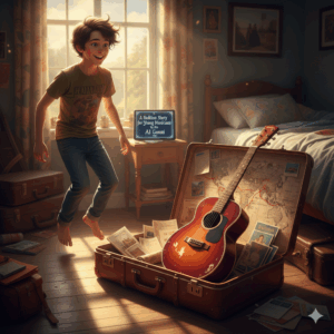 AI Bedtime story picture with boy getting his new shiny guitar